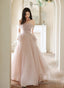 Pink Off Shoulder Tulle Long Prom Dress, Off Shoulder Pink Long Prom Dresses