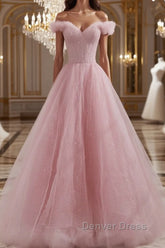 Pink off shoulder tulle sequin long prom Dresses, pink formal Dresses