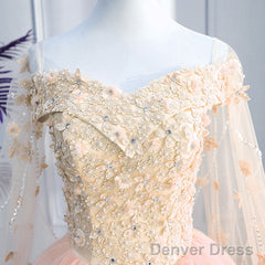 Pink Off Shoulder Tulle With Flowers Ball Gown Sweet 16 Dress, Pink Quinceanera Dress