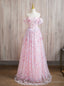 Pink Off the Shoulder Tulle Sequins Flower Prom Dresses
