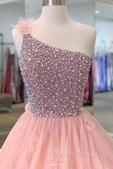 Pink One Shoulder Beads Long Prom Dresses Pink Evening Dresses