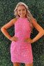 Pink Open Back Halter Lace Tight Homecoming Dresses