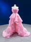Pink Organza Strapless Pleats Flower Prom Dresses