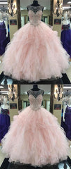 Pink Prom Dress Pink Beading Long Prom Dress Ball Gowns Cap Sleeve Wedding Dress Evening Dress