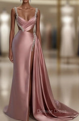 Pink Prom Dresses: Sweetheart Spaghetti Strap with High Slit Trail