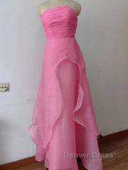 Pink Prom Dresses Tulle Evening Gown Strapless Ruffles A-line Simple Prom Dresses For Teens