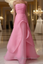 Pink Prom Dresses Tulle Evening Gown Strapless Ruffles A-line Simple Prom Dresses For Teens