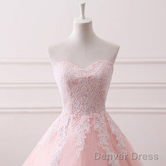 Pink Puffy Ball Gown Princess Sweetheart Tulle Formal Dress With White Lace, Pink Sweet 16 Gown