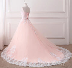 Pink Puffy Ball Gown Princess Sweetheart Tulle Formal Dresses With White Lace Prom Dresses