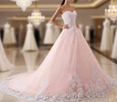 Pink Puffy Ball Gown Princess Sweetheart Tulle Formal Dresses With White Lace Prom Dresses