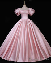 Pink Puffy Sleeve Ball Gown Dress