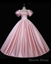 Pink Puffy Sleeve Ball Gown Satin Dress