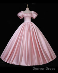 Pink Puffy Sleeve Ball Gown Satin Dress