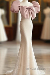Pink Puffy Sleeves Trumpet Mermaid Sequin Prom Dresses