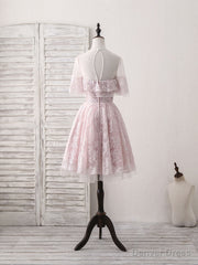 Pink Round Neck Lace Tulle Short Prom Dress, Pink Homecoming Dress