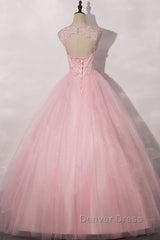 Pink round neck tulle lace long prom Dresses pink tulle formal Dresses