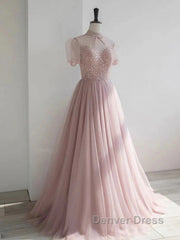 Pink Round Neck Tulle Sequin Long Prom Dresses Formal Dresses Short Sleeves December Wedding Guest Dresses