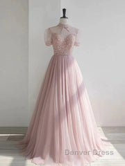Pink Round Neck Tulle Sequin Long Prom Dresses Formal Dresses Short Sleeves December Wedding Guest Dresses
