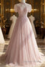Pink Round Neck Tulle Sequin Long Prom Dresses Formal Dresses Short Sleeves December Wedding Guest Dresses