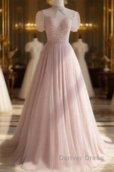 Pink Round Neck Tulle Sequin Long Prom Dresses Formal Dresses Short Sleeves December Wedding Guest Dresses