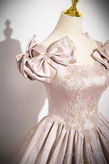 Pink Satin Lace Long Prom Dress, A-Line Scoop Neckline Formal Evening Dress