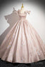 Pink Satin Lace Long Prom Dress, A-Line Scoop Neckline Prom Dresses