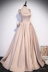 Pink Satin Long A-Line Prom Dress, Cute Spaghetti Strap Evening Dress with Bow
