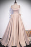Pink Satin Long A Line Prom Dress, Cute Spaghetti Strap Prom Dresses with Bow