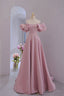 Pink Satin Long A Line Prom Dress, Pink Puff Sleeves Prom Dresses