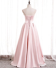 Pink Satin Long Party Dress with Pearls, Floor Length Party Dres Wedding Party Dress