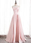 Pink Satin Long Prom Dress with Pearls, Floor Length Prom Dres Wedding Prom Dresses