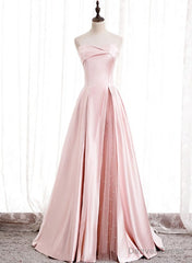 Pink Satin Long Party Dress with Pearls, Floor Length Party Dres Wedding Party Dress