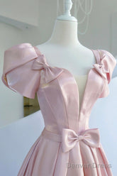 Pink Satin Long Prom Dress, Beautiful A-Line Evening Dress With Bow