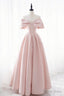 Pink Satin Long Prom Dress, Cute Off Shoulder Prom Dresses