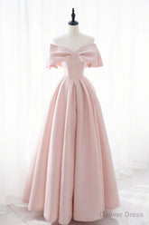 Pink Satin Long Prom Dress, Cute Off Shoulder Evening Dress