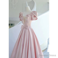 Pink Satin Long Short Sleeves Prom Dress Party Dress, Pink Formal Dress Wedding Party Dress