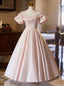 Pink Satin Short Sleeve V Neck Prom Dresses