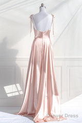 Pink Satin Straps Low Back Long Evening Dress, Pink Satin Prom Dress