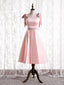 Pink Satin Straps Tea Length Prom Dresses