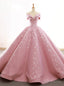 Pink Satin Tulle Off The Shoulder Appliques Wedding Dresses