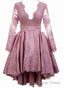 Pink Satin With Lace Applique High Low Homecoming Dress, Pink Short Prom Dresses