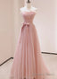 Pink Scoop Lace Up Tulle Long Prom Dress, Pink Tulle Prom Dress