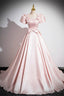 Pink Scoop Neckline Satin Floor Length Prom Dress, Pink Short Sleeve A Line Prom Dresses