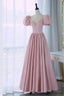 Pink Scoop Neckline Satin Prom Dress, Pink Floor Length Prom Dresses