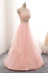 Pink See Through Tulle Beading Strapless Two Piece Prom Dresses