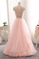 Pink See Through Tulle Beading Strapless Two Piece Prom Dresses