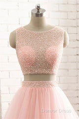 Pink See Through Tulle Beading Strapless Two Piece Prom Dresses