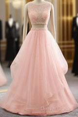 Pink See Through Tulle Beading Strapless Two Piece Prom Dresses