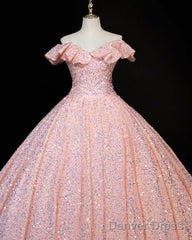 Pink Sequin Prom Ball Gown Ruffle Shoulder Dresses