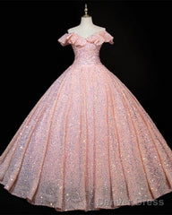 Pink Sequin Prom Ball Gown Ruffle Shoulder Dresses